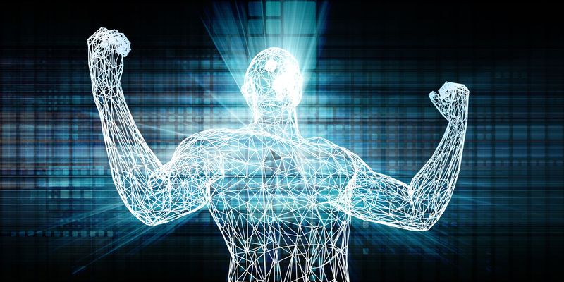 Transparent blue man bursting with power