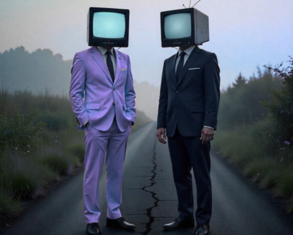 Two persons in suits with television on their head