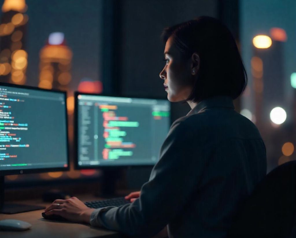 Woman in front of two monitors